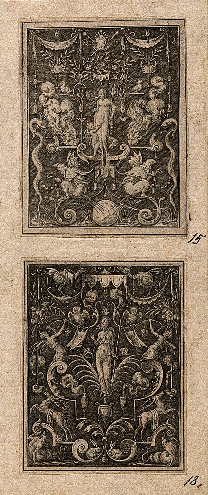 A goddess (Bellona) surrounded by stags, rabbits or hares, demons and owls. Engraving by E. Delaune, ca. 1560.