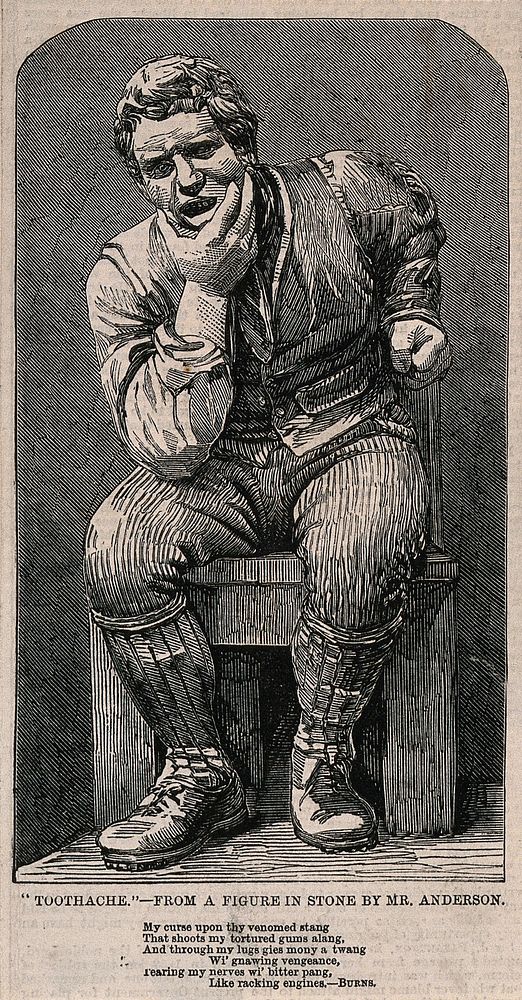 A sculpture of a man with toothache. Wood engraving after Mr. Anderson.
