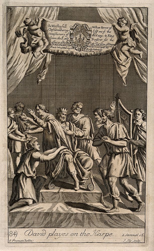 David playing the harp for a melancholy Saul to ease his mind, they are surrounded by courtiers. Etching by J. Kip after G.…