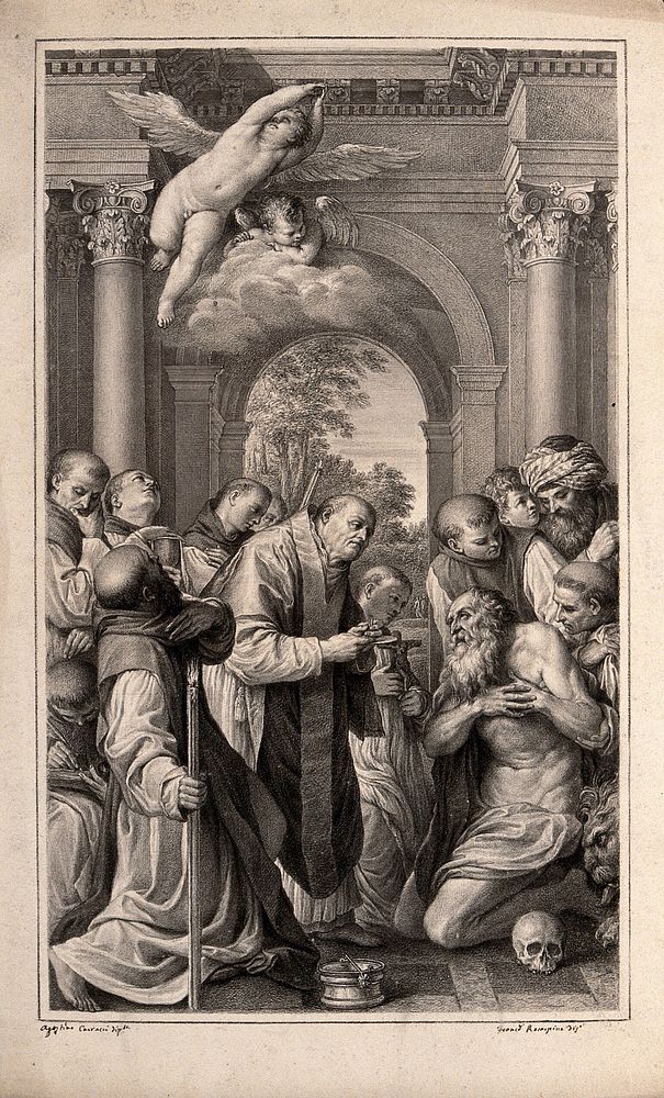 The last sacrament of Saint Jerome. Drawing by F. Rosaspina, 1830, after Annibale Carracci.