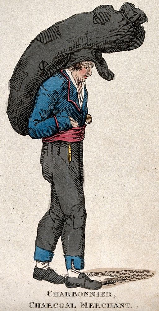 A man is carrying a large sack of charcoal on his back. Coloured etching.