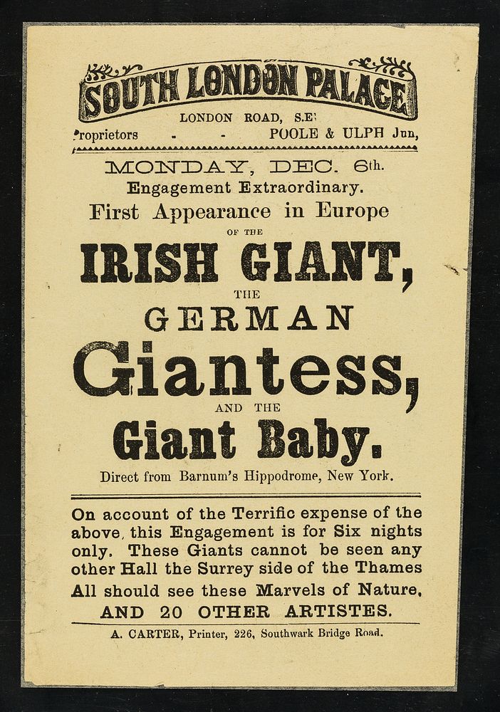 [Undated handbill advertising an exhibition of the Irish Giant, German Giantess and the Giant Baby at the South London…