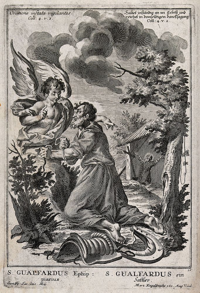 Gualfardo of Verona (Wolfhard of Augsburg) kneeling in front of an angel. Engraving, 17--.