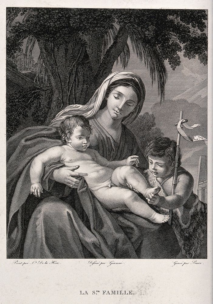 Saint Mary (the Blessed Virgin) with the Christ Child and Saint John the Baptist. Engraving by N. Ponce after F.Giani after…