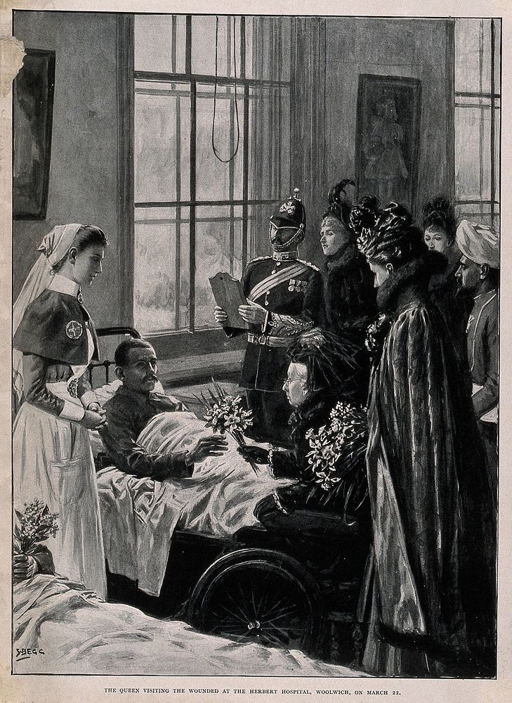 Boer War: Queen Victoria presenting flowers to a wounded soldier during a visit to the Herbert hospital, Woolwich. Halftone…
