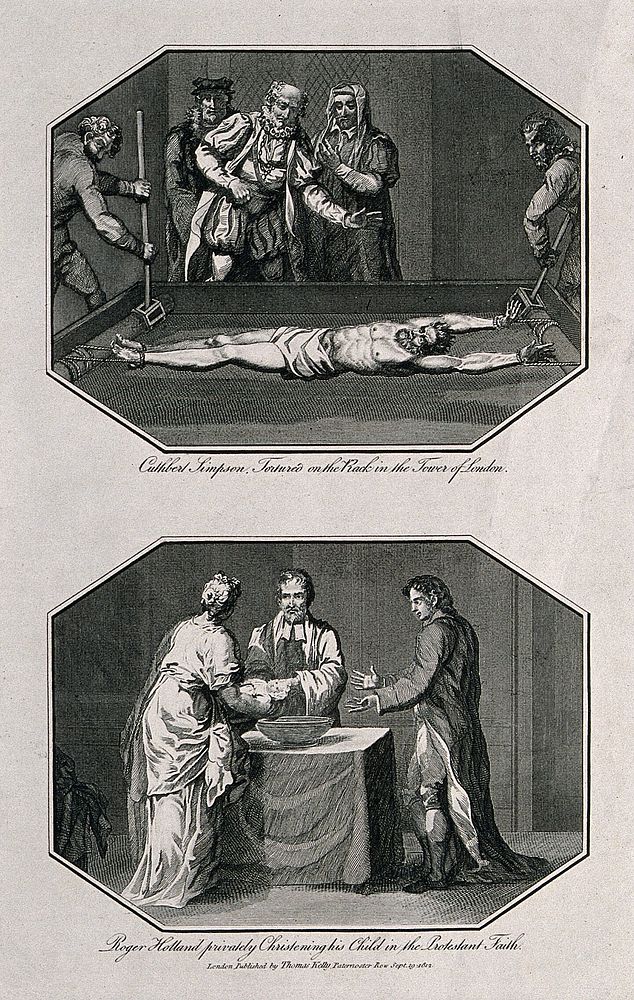 Above, the martyr Cuthbert Simpson is tortured on the rack in the Tower of London; below, Roger Holland, a Protestant…