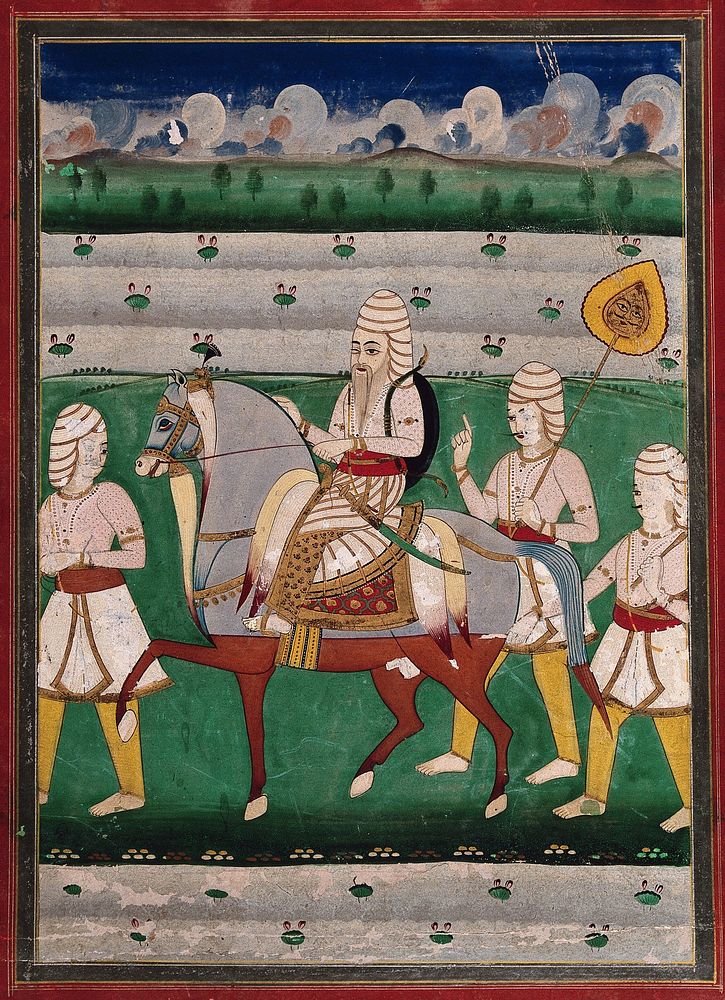 Rana Ranjit Singh on a horse with three attendants. Gouache painting by an Indian painter.