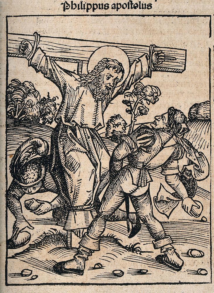Saint Philip: his martyrdom. Woodcut.
