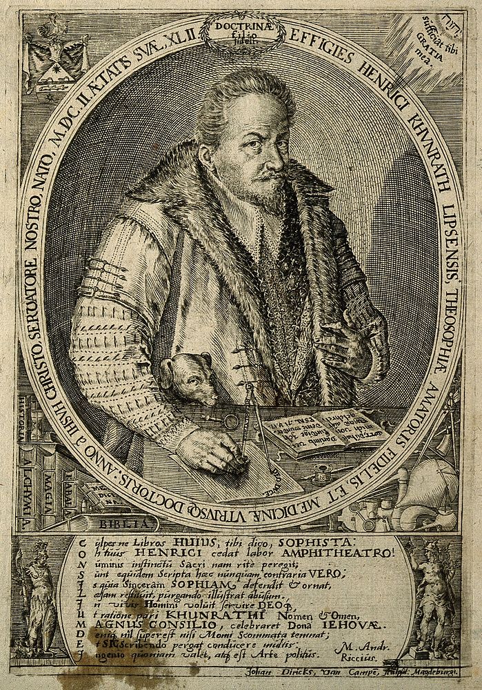 Heinrich Khunrath. Line engraving by J. Diricks van Campen, 1602.
