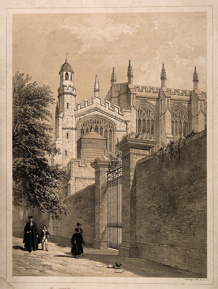 Scholars pass a church, Oxford. Tinted lithograph.