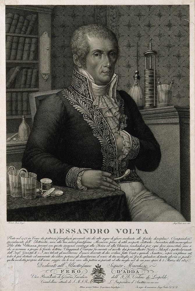 Count Alessandro Giuseppe Antonio Anastasio Volta. Stipple engraving by L. Rados, 1828, after R. Focosi.