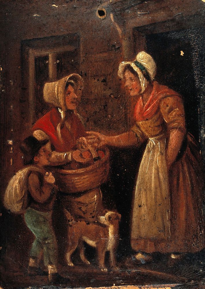 A woman with a basket of fruit, and a boy, offer fruit to a woman in the doorway of her house. Oil painting by S. Jenner.