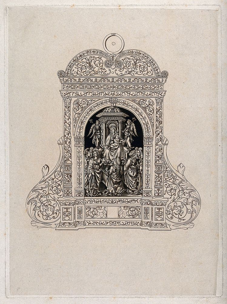 A pax-board (osculatory), containing sculptures of Saint Mary (the Blessed Virgin) with the Christ Child, and saints.…