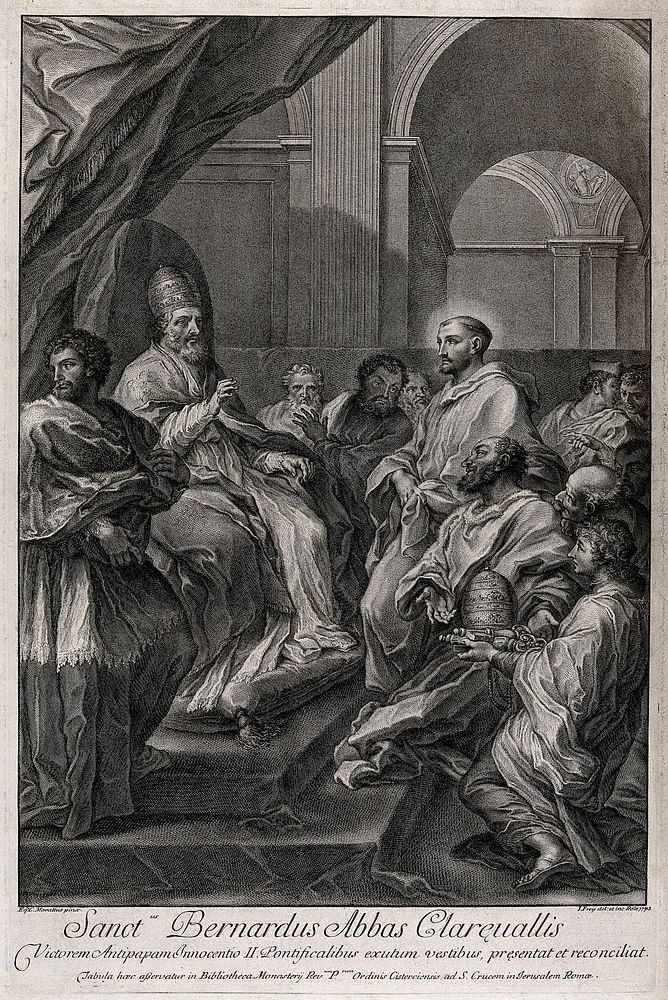 Saint Bernard of Clairvaux reconciles the antipope Anacletus II with Pope Innocent II. Engraving by J. Frey, 1743, after C.…