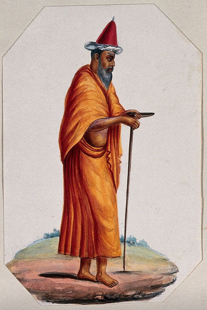 A Mevlevi , or Sufi holy man: walking, wearing a saffron cloak and skirt, and a tall red conical hat. Gouache painting.