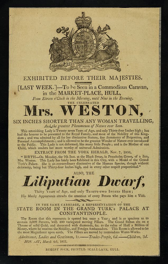 The celebrated Mrs. Weston, six inches shorter than any woman travelling ... : also the Liliputian Dwarf, thirty years of…