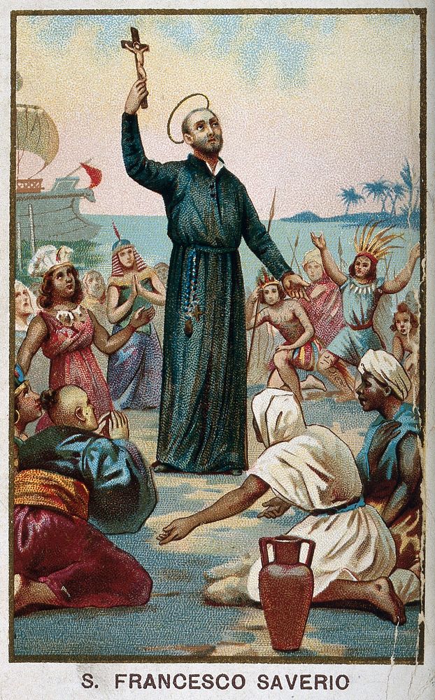Saint Francis Xavier holding a crucifix, surrounded by Asian and African people kneeling in front of him; sea and a ship in…