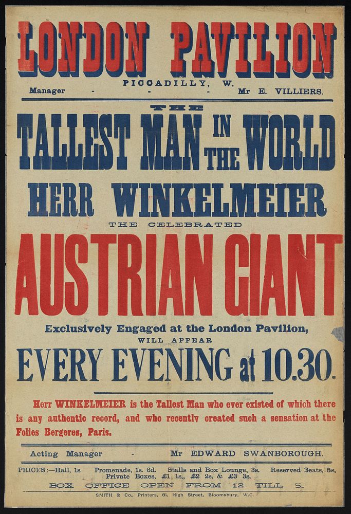 The tallest man in the world : Herr Winkelmeier, the celebrated Austrian giant, exclusively engaged at the London Pavilion.