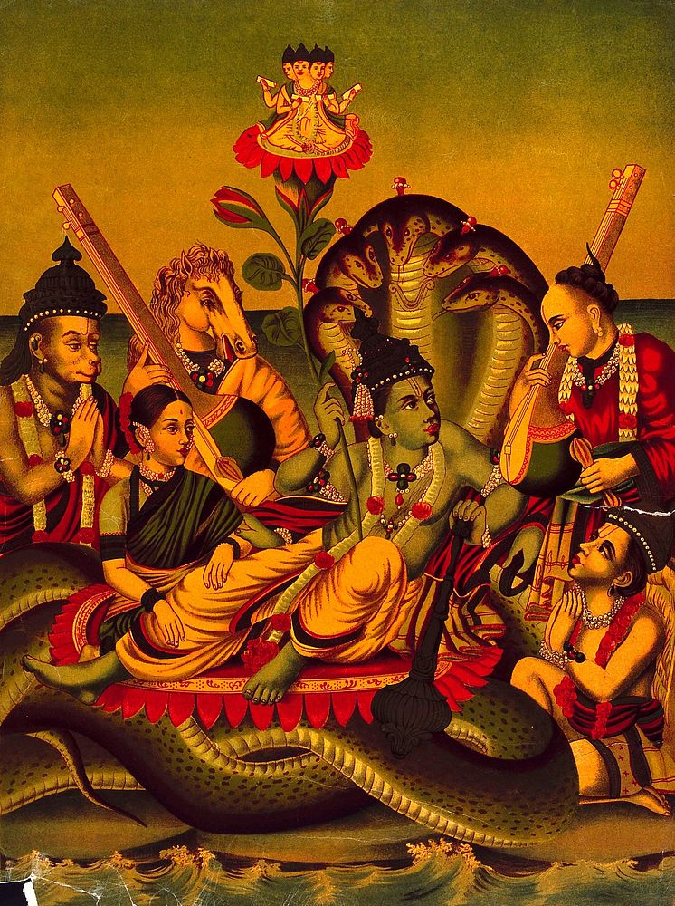 Vishnu resting on the ocean accompanied by Lakshmi, Tumbara, Hanuman, Narada, Garuda and Brahma sitting on a lotus.…