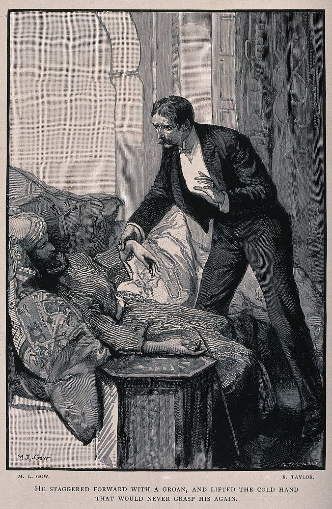 Captain Ducie approaches the dead body of M. Platzoff. Process print after R. Taylor after M. L. Gow.