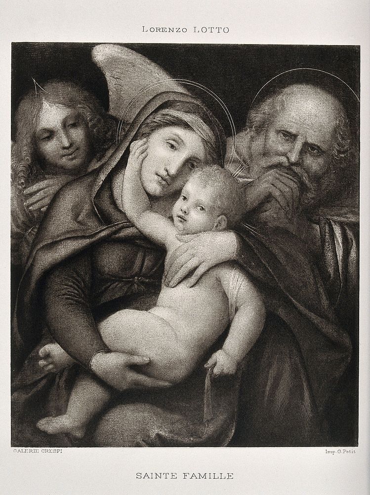 Saint Mary (the Blessed Virgin) and Saint Joseph with the Christ Child and an angel. Process print by G. Petit after L.…