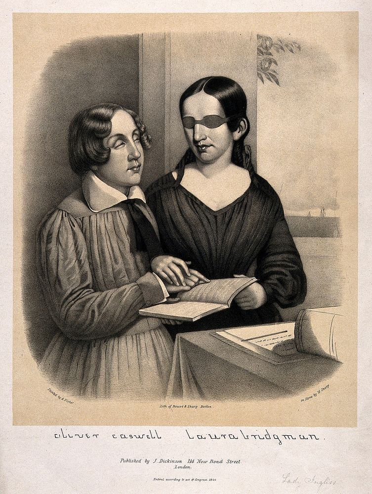 Oliver Caswell and Laura Bridgman reading embossed letters from a book. Lithograph by W. Sharp, 1844, after A. Fisher.