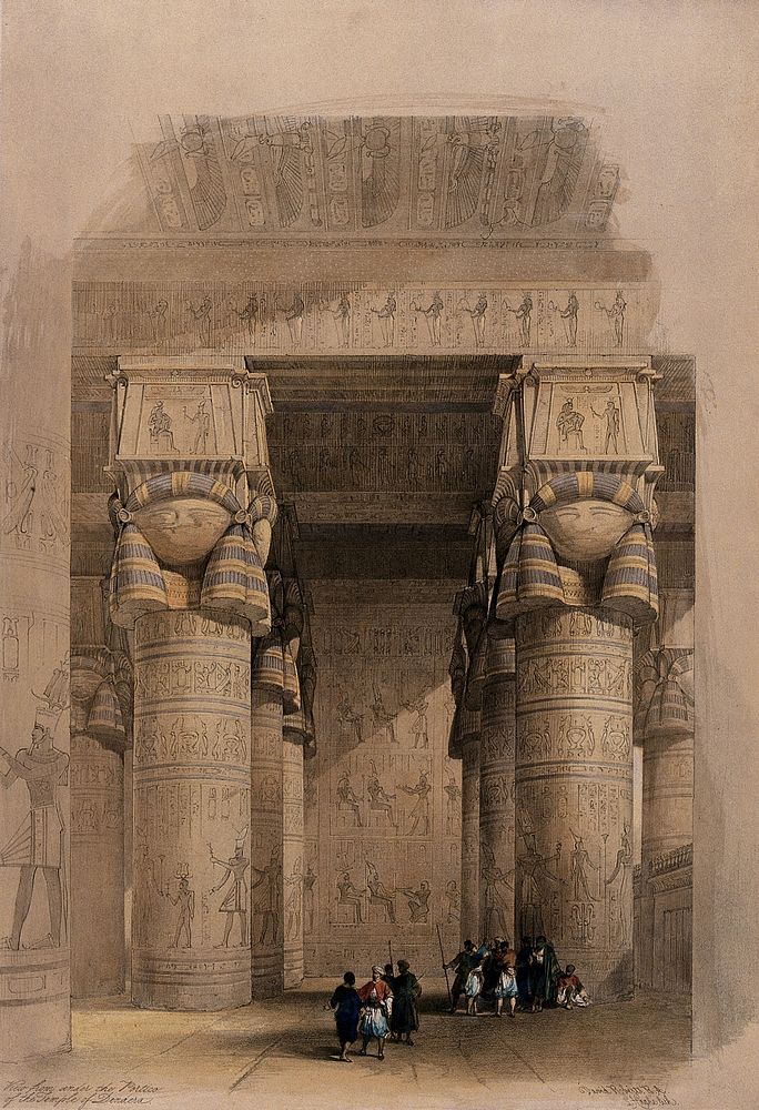 Decorated columns under the portico of the temple at Dendera, Egypt. Coloured lithograph by Louis Haghe after David Roberts…