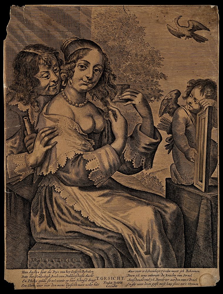 A man behind a woman who is combing her hair; representing the sense of sight. Engraving.