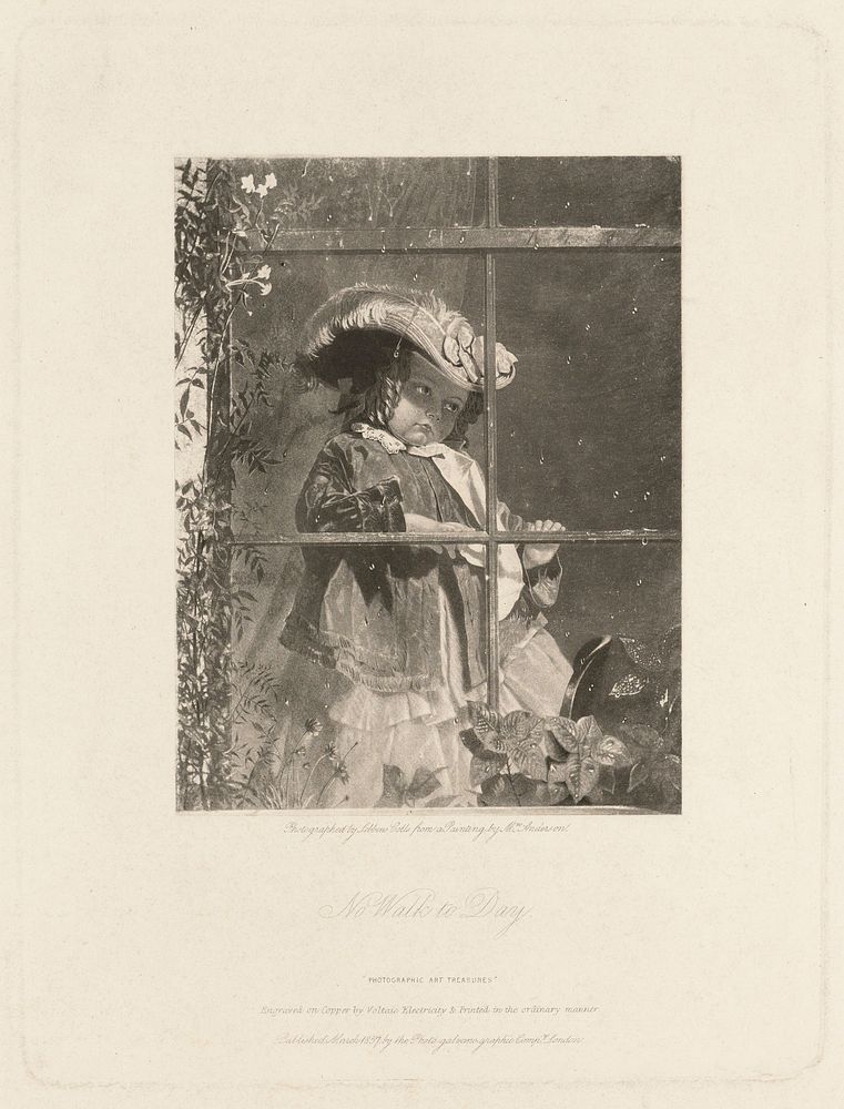 A girl looking through a window on a rainy day, disappointed that her walk outside will be cancelled. Photoengraving, 1857…