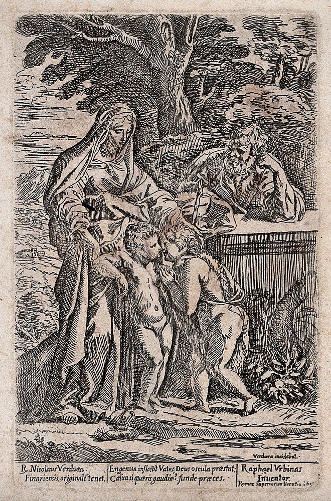 Saint Mary (the Blessed Virgin) and Saint Joseph with the Christ Child and Saint John the Baptist. Etching by N. Vendura…