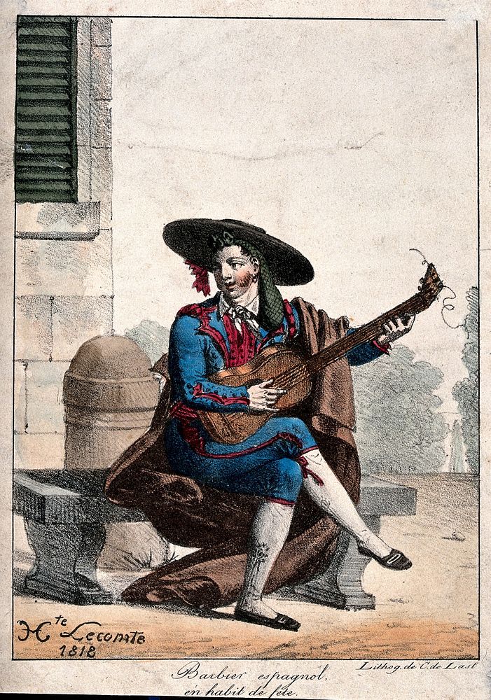 A Spanish barber playing the guitar. Coloured lithograph by C. de Lasteyrie after Hippolyte Lecomte.