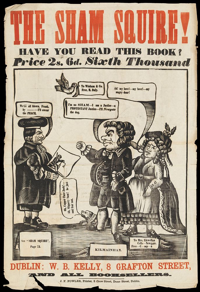 Francis Higgins, "The sham squire", defends himself against imputations. Woodcut, 1866.