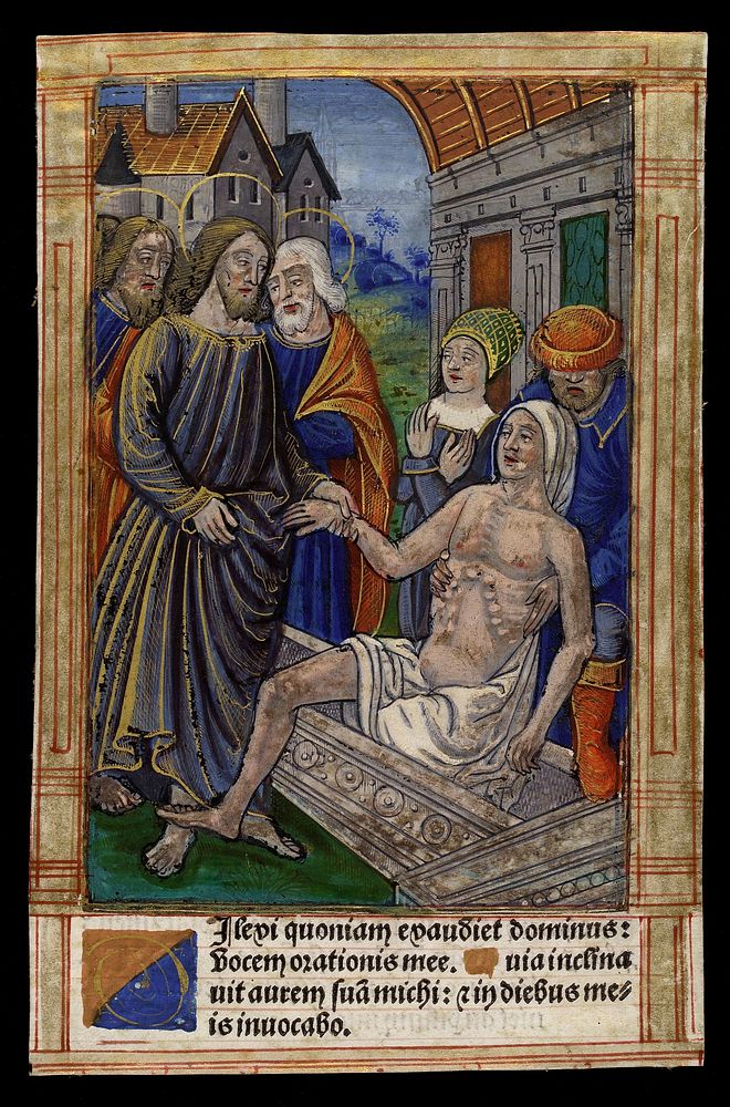 Jesus Christ raises Lazarus from his tomb. Coloured woodcut, ca. 1510.