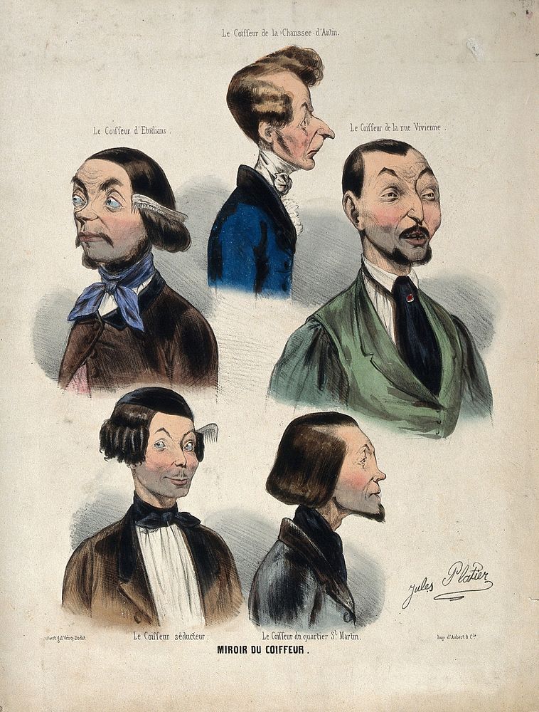 The heads and shoulders of five male hair-dressers. Coloured lithograph by Jules Platier, 1840.