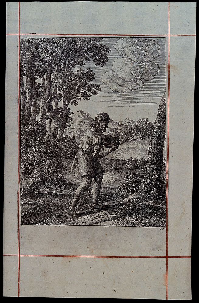 A peasant is carrying the nest of a nightingale, which is is sitting on a bush and is about to be swooped by a hawk;…