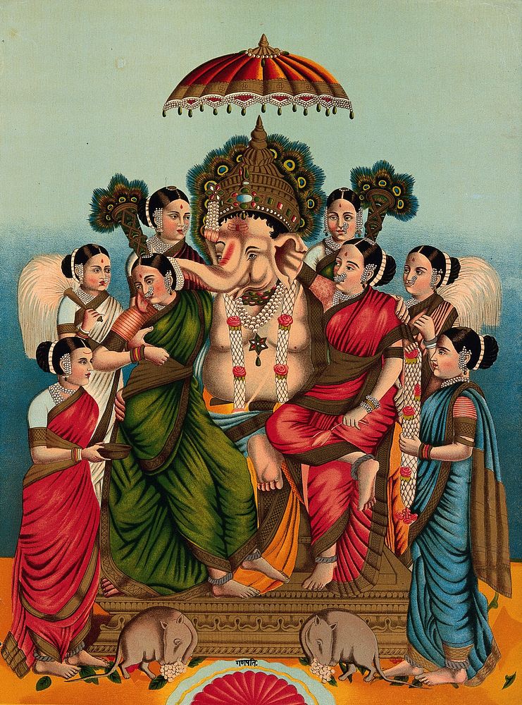 Ganesha and his two wives, Siddhi and Buddhi, surrounded by six attendants and his rats. Chromolithograph.
