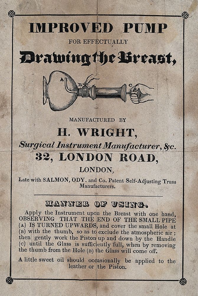 A breast pump manufactured by H. Wright. Wood engraving and letterpress, 18--.