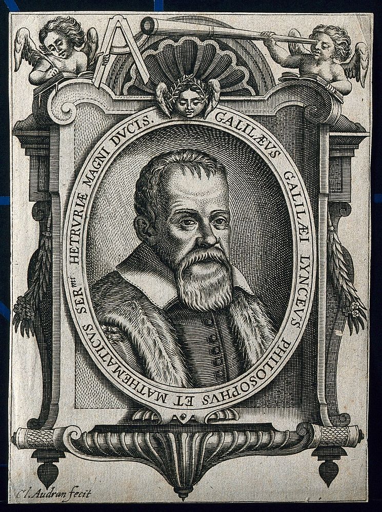Galileo Galilei. Line engraving by C. Audran the elder after F. Villamena, 1655-56.