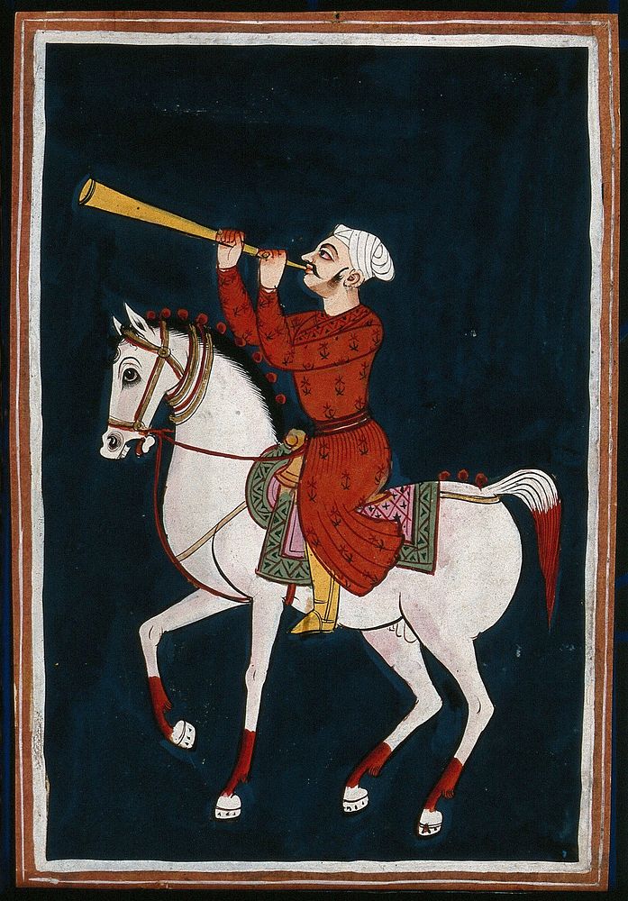 A Rajput attendant blowing a horn . Gouache painting by an Indian painter.
