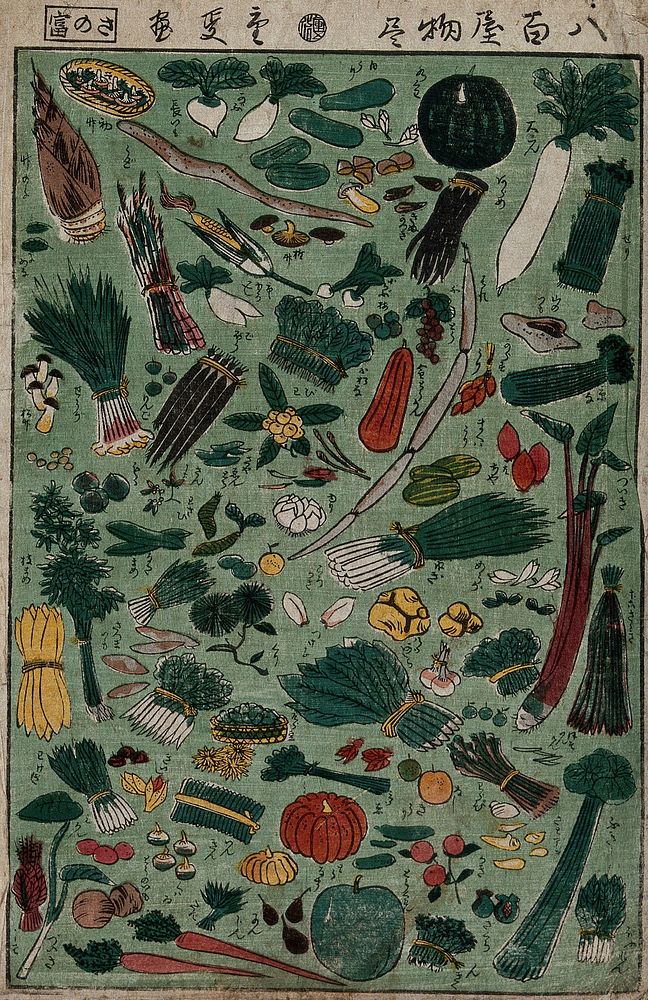 Vegetables available from a grocer are laid out on a green background. Colour woodcut by Shigenobu, 1866.