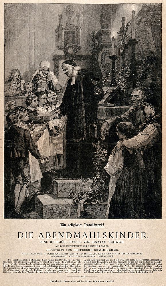 A Swedish clergyman showing the chalice to children at their first communion. Wood engraving after E. Oehme, 1881.