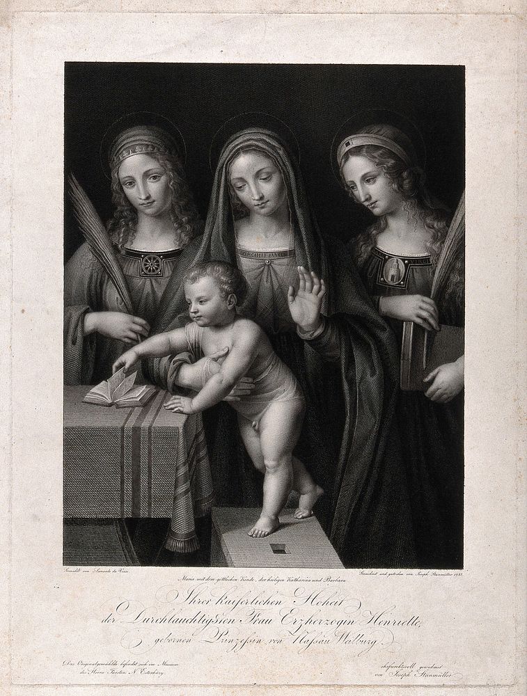 Saint Mary (the Blessed Virgin) with Saint Catherine of Alexandria and Saint Barbara. Engraving by J. Steinmüller, 1827…