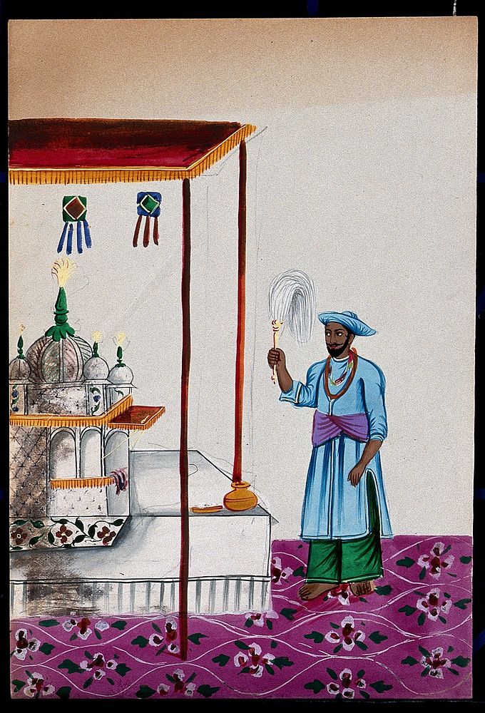 A small mosque under a canopy being attended to by a man holding a fly whisk. Gouache painting by an Indian painter.