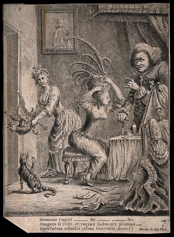 A young woman dressing her hair with feathers; an old man looks on and a maidservant pushes a cockerel out through a door.…