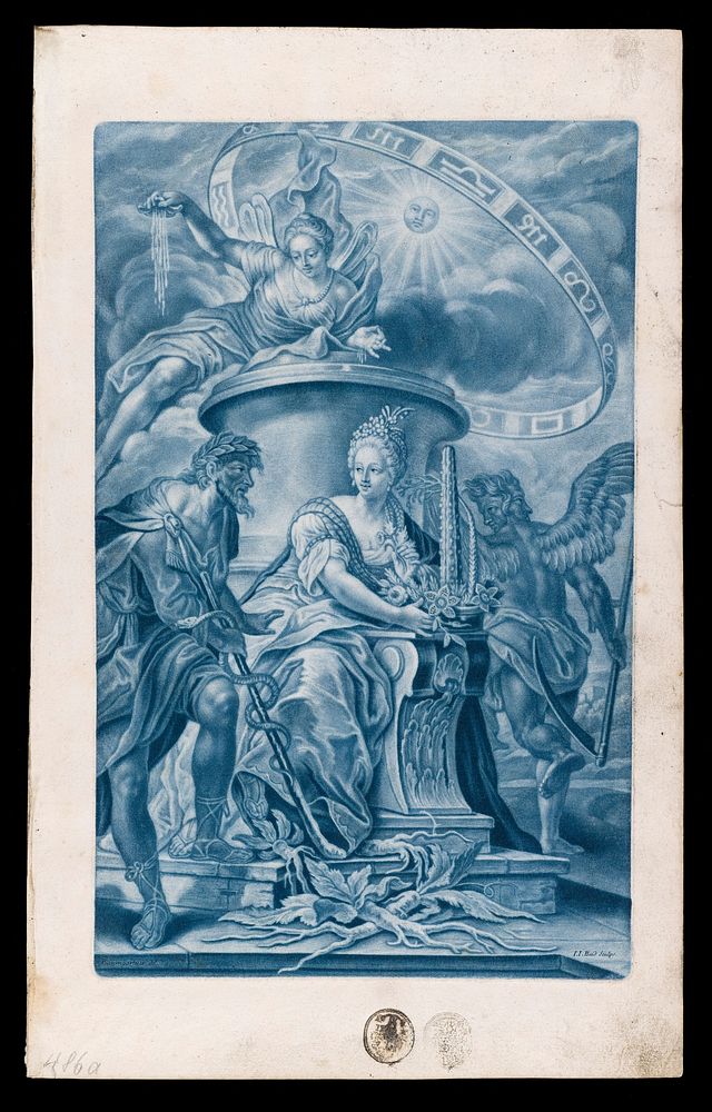 Iris, Aesculapius and Flora routing death. Mezzotint by J.J. Haid, 1737, after J.W. Baumgartner.