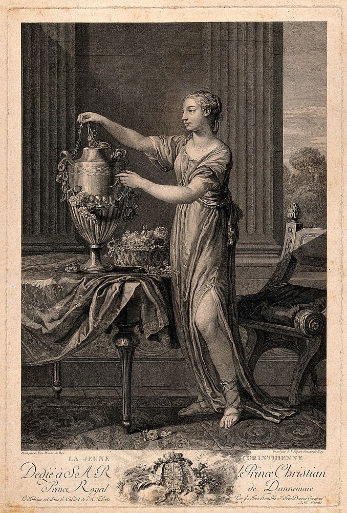 A young Corinthian woman adorning an urn with flowers. Engraving by J.J. Flipart after J.M. Vien.
