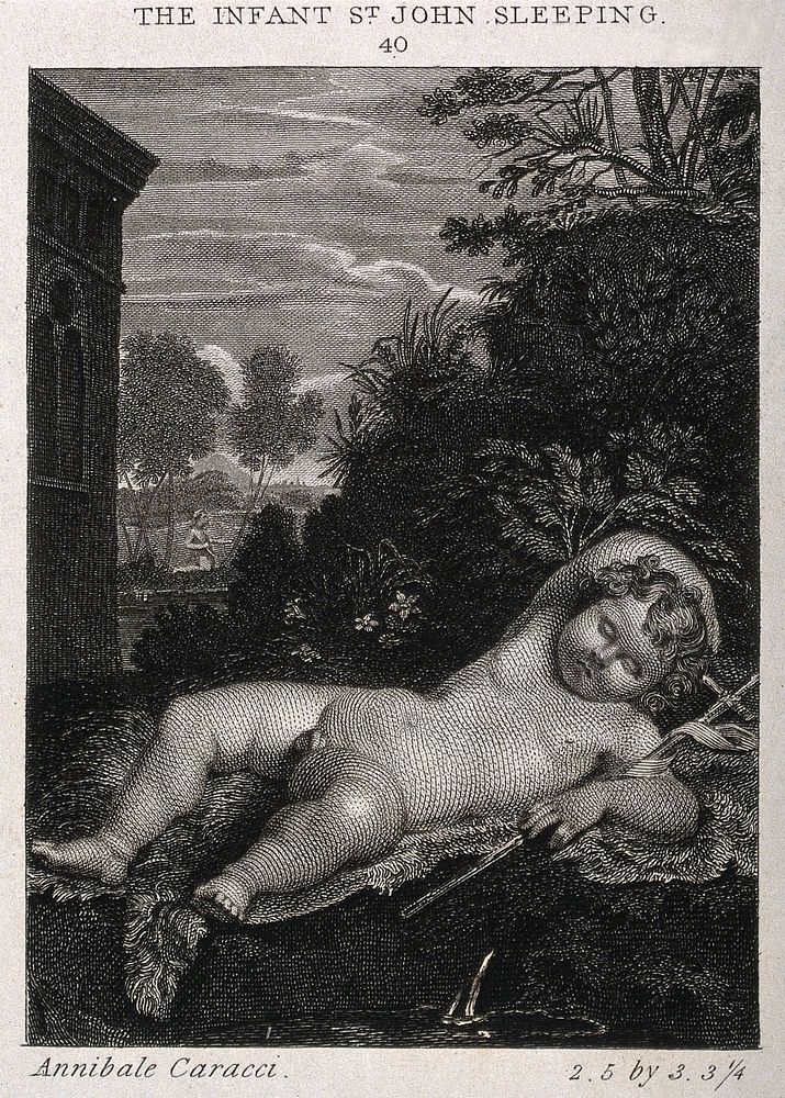 Saint John the Baptist as an infant, sleeping, with a cross in his hand. Engraving by C. Heath after W.M. Craig after A.…