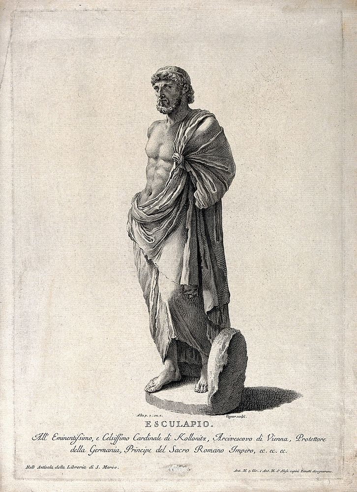 Aesculapius. Engraving by I. Wagner after Antonio Maria (Girolamo) Zanetti and Antonio Maria (Alessandro) Zanetti.