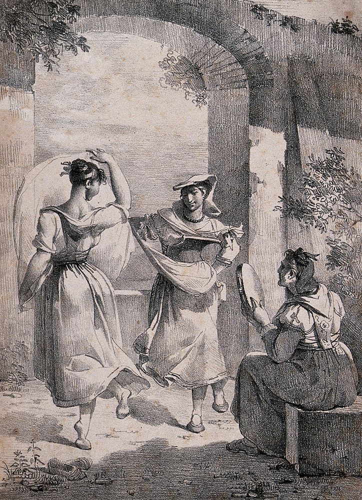 Two women dance the salterello as another plays the tambourine. Lithograph after Mlle. Lescot, 1818.