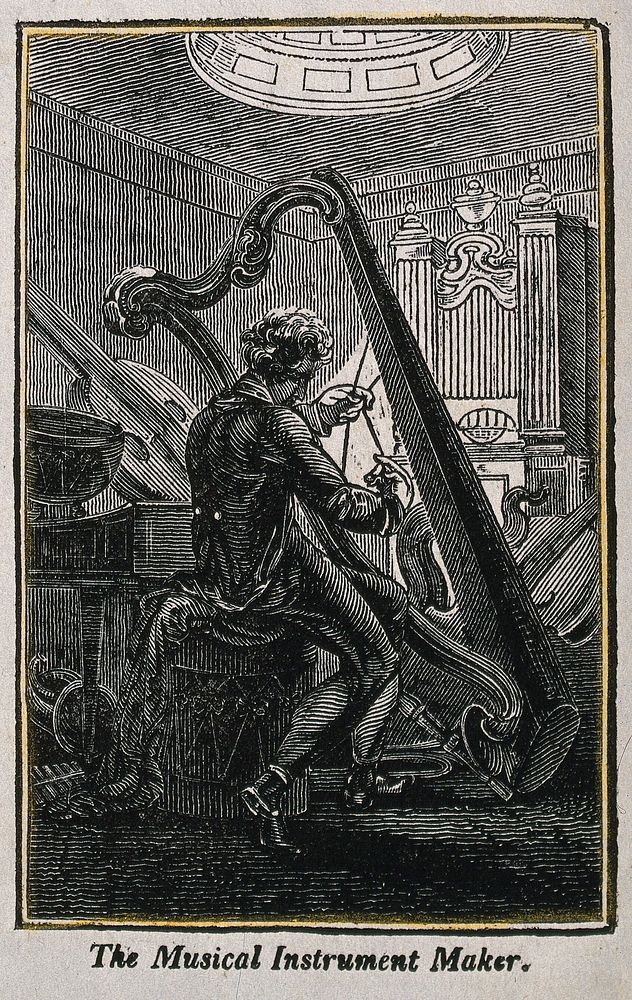 A man fitting the strings to a harp. Wood engraving.